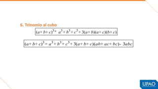 6. Trinomio al cubo
3 3 3 3
( ) 3( )( )( )
a b c a b c a b a c b c
+ + º + + + + + +
3 3 3 3
( ) 3( )( ) 3
a b c a b c a b c ab ac bc abc
+ + = + + + + + + + -
 