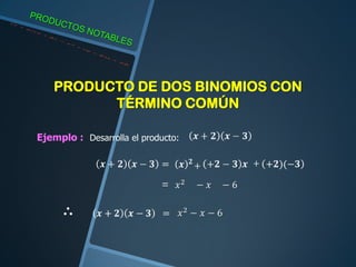 PRODUCTO DE DOS BINOMIOS CON
TÉRMINO COMÚN
Ejemplo : Desarrolla el producto:
 