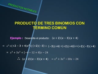 PRODUCTO DE TRES BINOMIOS CON
TÉRMINO COMÚN
Ejemplo : Desarrolla el producto:
 