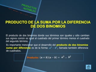 PRODUCTO DE LA SUMA POR LA DIFERENCIA
DE DOS BINOMIOS
El producto de dos binomios donde sus términos son iguales y sólo cambian
sus signos común es igual al cuadrado del primer término menos el cuadrado
del segundo término.
Producto:
 