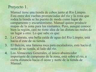 Proyecto 1. Manuel tiene una tienda de cebos junto al Río Limpio. Está entre dos vueltas pronunciadas del río y la zona que rodea la tienda se ha puesto de moda como lugar de campamento y excursionismo. Manuel quiere producir mapas de la zona para los visitantes. Pero, aunque conoce bien la región, casi no tiene idea de las distancias reales de un lugar a otro. Lo que sabe es que: La Catarata, una bella caída de agua del Río Limpio, está hacia el este de su tienda. El Balcón, una famosa roca para escaladores, está hacia el oeste de su tienda, al lado del río. Los Almacenes Generales, el único abastecedor importante de campismo de la zona, está sobre el río, a cierta distancia hacia el oeste y norte de la tienda de Manuel. 