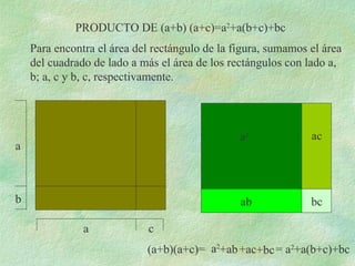 (a+b)(a+c)= Para encontra el área del rectángulo de la figura, sumamos el área del cuadrado de lado a más el área de los rectángulos con lado a, b; a, c y b, c, respectivamente. a a PRODUCTO DE (a+b) (a+c)=a 2 +a(b+c)+bc b c a 2 ab ac bc a 2 +ab +ac +bc = a 2 +a(b+c)+bc 