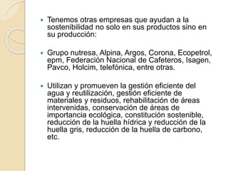  Tenemos otras empresas que ayudan a la
sostenibilidad no solo en sus productos sino en
su producción:
 Grupo nutresa, Alpina, Argos, Corona, Ecopetrol,
epm, Federación Nacional de Cafeteros, Isagen,
Pavco, Holcim, telefónica, entre otras.
 Utilizan y promueven la gestión eficiente del
agua y reutilización, gestión eficiente de
materiales y residuos, rehabilitación de áreas
intervenidas, conservación de áreas de
importancia ecológica, constitución sostenible,
reducción de la huella hídrica y reducción de la
huella gris, reducción de la huella de carbono,
etc.
 