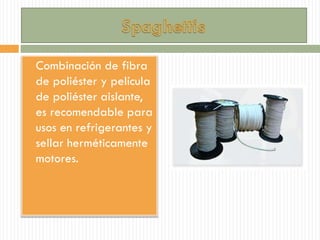  Combinación de fibra
de poliéster y película
de poliéster aislante,
es recomendable para
usos en refrigerantes y
sellar herméticamente
motores.
 