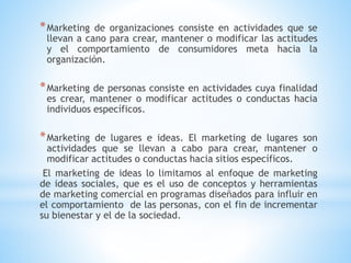 * Marketing

de organizaciones consiste en actividades que se
llevan a cano para crear, mantener o modificar las actitudes
y el comportamiento de consumidores meta hacia la
organización.

* Marketing de personas consiste en actividades cuya finalidad
es crear, mantener o modificar actitudes o conductas hacia
individuos específicos.

* Marketing

de lugares e ideas. El marketing de lugares son
actividades que se llevan a cabo para crear, mantener o
modificar actitudes o conductas hacia sitios específicos.
El marketing de ideas lo limitamos al enfoque de marketing
de ideas sociales, que es el uso de conceptos y herramientas
de marketing comercial en programas diseñados para influir en
el comportamiento de las personas, con el fin de incrementar
su bienestar y el de la sociedad.

 
