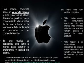 • Una marca poderosa
tiene un valor de marca;
y este valor es el efecto
diferencial positivo que el
conocimiento del nombre
de la marca tiene en la
respuesta del cliente ante
el producto o su
comercialización.

• Es una medida de
capacidad que tiene la
marca para obtener la
preferencia y lealtad del
cliente.
Una marca con valor positivo deriva de la conexión y de
los sentimientos que tienen los clientes respecto a una

Una marca tiene valor
positivo y negativo:
•

Valor positivo cuando
los
consumidores
reaccionan de una
manera mas favorable
ante ella que ante una
versión genérica o
privada del mismo
producto.

•

Valor negativo si los
consumidores
reaccionan de manera
menos favorable a una
versión privada es decir
lo contrario al valor
positivo.

 