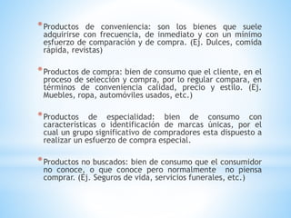 * Productos

de conveniencia: son los bienes que suele
adquirirse con frecuencia, de inmediato y con un mínimo
esfuerzo de comparación y de compra. (Ej. Dulces, comida
rápida, revistas)

* Productos de compra: bien de consumo que el cliente, en el

proceso de selección y compra, por lo regular compara, en
términos de conveniencia calidad, precio y estilo. (Ej.
Muebles, ropa, automóviles usados, etc.)

* Productos

de especialidad: bien de consumo con
características o identificación de marcas únicas, por el
cual un grupo significativo de compradores esta dispuesto a
realizar un esfuerzo de compra especial.

* Productos no buscados: bien de consumo que el consumidor

no conoce, o que conoce pero normalmente no piensa
comprar. (Ej. Seguros de vida, servicios funerales, etc.)

 