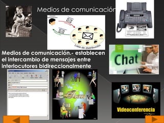 Medios de comunicación




Medios de comunicación.- establecen
el intercambio de mensajes entre
interlocutores bidireccionalmente
 
