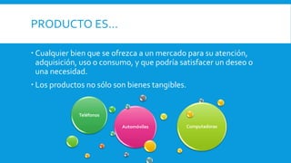 PRODUCTO ES…
 Cualquier bien que se ofrezca a un mercado para su atención,
adquisición, uso o consumo, y que podría satisfacer un deseo o
una necesidad.
 Los productos no sólo son bienes tangibles.
Automóviles
Teléfonos
Computadoras
 