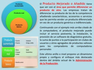 El Producto Mejorado o Añadido tiene
que ver con el área que permite diferenciar un
producto de otro. Las empresas tratan de
diferenciar su producto de los de la competencia
añadiendo características, accesorios o servicios
que les permita vender un producto diferenciado
en vez de un producto genérico o indiferenciado.
Continuando con el ejemplo más arriba citado de
la computadora, el producto mejorado puede
incluir el servicio postventa, la instalación, la
provisión de un software de diagnóstico gratuito,
la suma de puntos o la participación en clubes de
usuarios y otros agregados de productos valiosos
para los compradores de computadoras
personales
Este ultimo anillo o nivel propone un dinamismo
propio y configura el enfoque más destacado
dentro del ámbito actual de la Administración
de la Producción.
 