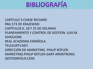 CAPÍTULO 3 CHASE RICHARD
PAG 573 DE KRAJEWSKI
CAPÍTULOS 6, 18 Y 25 DE SOLANAS
PLANEAMIENTO Y CONTROL DE GESTION. LUIS M.
GHIGLIONE.
REAL ACADEMIA ESPAÑOLA.
TELESURTV.NET.
DIRECCIÓN DE MARKETING. PHILIP KOTLER.
MARKETING.PHILIP KOTLER-GARY ARMSTRONG.
GESTIONPOLIS.COM
 