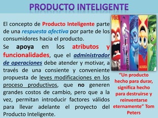 El concepto de Producto Inteligente parte
de una respuesta afectiva por parte de los
consumidores hacia el producto.
Se apoya en los atributos y
funcionalidades, que el administrador
de operaciones debe atender y motivar, a
través de una consiente y conveniente
propuesta de leves modificaciones en los
proceso productivos, que no generen
grandes costos de cambio, pero que a la
vez, permitan introducir factores válidos
para llevar adelante el proyecto del
Producto Inteligente.
“Un producto
hecho para durar,
significa hecho
para destruirse y
reinventarse
eternamente” Tom
Peters
 