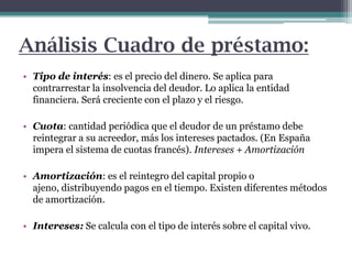 Análisis Cuadro de préstamo:
• Tipo de interés: es el precio del dinero. Se aplica para
contrarrestar la insolvencia del deudor. Lo aplica la entidad
financiera. Será creciente con el plazo y el riesgo.
• Cuota: cantidad periódica que el deudor de un préstamo debe
reintegrar a su acreedor, más los intereses pactados. (En España
impera el sistema de cuotas francés). Intereses + Amortización
• Amortización: es el reintegro del capital propio o
ajeno, distribuyendo pagos en el tiempo. Existen diferentes métodos
de amortización.
• Intereses: Se calcula con el tipo de interés sobre el capital vivo.

 