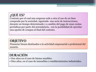 ¿QUÉ ES?
Contrato por el cual una empresa cede a otra el uso de un bien
comprado por la sociedad, siguiendo una serie de instrucciones,
durante un tiempo determinado y a cambio del pago de unas cuotas
periódicas por parte del arrendatario, con la posibilidad de ejercitar
una opción de compra al final del contrato.

OBJETIVO
Financiar bienes destinados a la actividad empresarial o profesional del
usuario.

DURACIÓN
• Dos años en el caso de bienes muebles.
• Diez años, en el caso de inmuebles o establecimientos industriales.

 