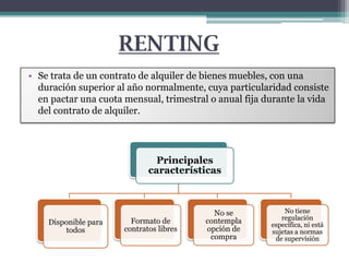 RENTING
• Se trata de un contrato de alquiler de bienes muebles, con una
duración superior al año normalmente, cuya particularidad consiste
en pactar una cuota mensual, trimestral o anual fija durante la vida
del contrato de alquiler.

Principales
características

Disponible para
todos

Formato de
contratos libres

No se
contempla
opción de
compra

No tiene
regulación
específica, ni está
sujetas a normas
de supervisión

 