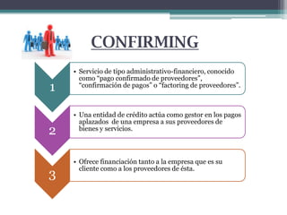 CONFIRMING
1
2
3

• Servicio de tipo administrativo-financiero, conocido
como “pago confirmado de proveedores”,
“confirmación de pagos” o “factoring de proveedores”.

• Una entidad de crédito actúa como gestor en los pagos
aplazados de una empresa a sus proveedores de
bienes y servicios.

• Ofrece financiación tanto a la empresa que es su
cliente como a los proveedores de ésta.

 