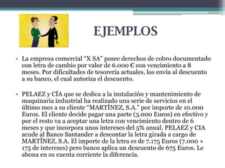 EJEMPLOS
• La empresa comercial “X SA” posee derechos de cobro documentado
con letra de cambio por valor de 6.000 € con vencimiento a 8
meses. Por dificultades de tesorería actuales, los envía al descuento
a su banco, el cual autoriza el descuento.
• PELAEZ y CÍA que se dedica a la instalación y mantenimiento de
maquinaria industrial ha realizado una serie de servicios en el
último mes a su cliente “MARTÍNEZ, S.A.” por importe de 10.000
Euros. El cliente decide pagar una parte (3.000 Euros) en efectivo y
por el resto va a aceptar una letra con vencimiento dentro de 6
meses y que incorpora unos intereses del 5% anual. PELAEZ y CIA
acude al Banco Santander a descontar la letra girada a cargo de
MARTÍNEZ, S.A. El importe de la letra es de 7.175 Euros (7.000 +
175 de intereses) pero banco aplica un descuento de 675 Euros. Le
abona en su cuenta corriente la diferencia.

 