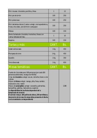 Mini mousse: chocolate, parchita y fresa 1 12
Mini pie de Limón 100 250
Mini polvorosas 100 250
Mini tartaletas dulces (1 sabor a elegir: crema pastelera y
frutas, chocolate, pie de limón o arequipe)
100 250
Obleas 100 150
Shots: fantasía de chocolate, tres leches, fresas con
crema, fantasía de fresa
1 10
Suspiros 100 150
Tortas y más CANT. Bs.
Gelatina Decorada 1 Kg 450
Marquesa de oreo 1 Kg. 450
Quesillo 1 Kg 350
Torta Decorada 1 Kg 650
Mesas temáticas CANT. Bs.
Fuente de chocolate para 100 personas (por cada 100
personas adicionales, recargo de 400 Bs)
1 tipo de chocolate a elegir: oscuro, de leche, blanco o de
colores
4 tipos de frutas a elegir: mango, piña, fresa, cambúr,
melocotón, kiwi, melón
4 tipos de sumergibles a elegir: cocosette, palmeritas,
barquillitas, galletas, malvaviscos, suspiros)
La disponibilidad de las frutas dependerá de la
temporada de cosecha
El servicio incluye: 200 palitos de altura, 200 servilletas y
decoración de la mesa (la mesa debe proveerla el cliente,
con la mantelería correspondiente)
1200
 