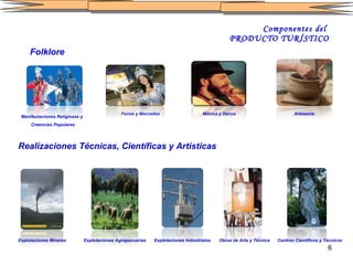 Componentes del  PRODUCTO TURÍSTICO Folklore   Realizaciones Técnicas, Científicas y Artísticas   Manifestaciones Religiosas y  Creencias Populares Ferias y Mercados Música y Danza Artesanía Explotaciones Mineras Explotaciones Agropecuarias Explotaciones Industriales Obras de Arte y Técnica Centros Científicos y Técnicos 