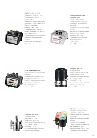 33
Digital Positioner 8049
Connections: G 1/8“, NPT 1/8“
Input signal: 0/4 - 20 mA,
optional 0/2 - 10 V
Adaptation to actuator: self-learning
Adaptability: 3 - 28 mm (sliding stem),
max. 270° (rotary stem)
Versions: 2- and 4-wire
Configuration: via PC software
Ambient temperature: -20°C to +75°C
Also in ATEX version
Optional feedback module available
Version for rotational actuation
available
Accessories: Set point signal
AS-i profile
Digital Positioner 8049 IPC
Positioner with process controller
integrated
Input signal: 0/4 - 20 mA, PT-100
Sampling rate: ca. 50 ms
Set point setting: external/internal
Configuration: via PC software
Ambient temperature:
-20°C to +75°C
Positioner 8047 p/p
Input signal range:
pneumatic 0.2 - 1 bar
Stroke range: 5 - 22 mm
(depending on stroke return spring)
Pilot energy: 3 - 6 bar
Hysteresis: < +/- 1%
Air consumption: 400 - 600 Nl/h
(depending on air supply)
Digital Positioner 8049
(stainless steel)
Entirely in stainless steel
Connections: G 1/8“, NPT 1/8“
Accessories: Set point signal
AS-i profile
Input signal: 0/4 - 20 mA, optional
0/2 - 10 V
Adaptation to actuator: self-learning
Stroke range: 3 - 28 mm
Versions: 2- and 4-wire
Configuration: via PC software
Ambient temperature:
-20°C to +75°C
Also in ATEX version
Positioner 8047 i/p
Input signal range:
electro-pneumatic 0/4 - 20 mA
Stroke range: 5 - 22 mm
(depending on stroke return spring)
Pilot energy: 3 - 6 bar
Hysteresis: < +/- 1%
Air consumption: 400 - 600 Nl/h
(depending on air supply)
Also in ATEX version
Digital position indicator 2040
Optical and electronic position
indicator for mounting on
pneumatic valves with linear or part-
turn actuator
Valve position output via switching
contacts
Display of error messages
Display of maintenance intervals
Supply voltage: 24 V DC
Temperature range: -20°C to +75°C
Configuration: via PC software
 