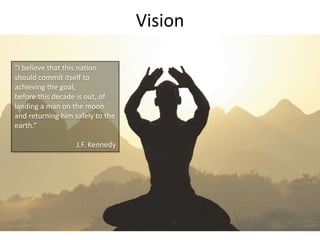 Vision

“I believe that this nation
should commit itself to
achieving the goal,
before this decade is out, of
landing a man on the moon
and returning him safely to the
earth.”

                   J.F. Kennedy
 