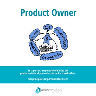 Product Owner
Es la persona responsable del éxito del
producto desde el punto de vista de los stakeholders.
Sus principales responsabilidades son:
 