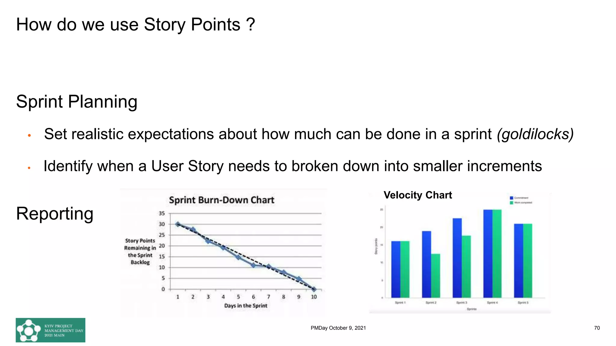 How do we use Story Points ?
Sprint Planning
• Set realistic expectations about how much can be done in a sprint (goldilocks)
• Identify when a User Story needs to broken down into smaller increments
Reporting
70
Velocity Chart
PMDay October 9, 2021
 