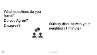 What questions do you
have?
Do you Agree?
Disagree?
10
Quickly discuss with your
neighbor (1 minute)
PMDay October 9, 2021
 