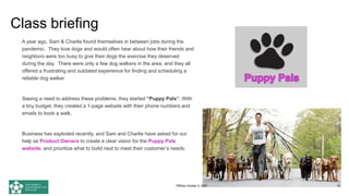 A year ago, Sam & Charlie found themselves in between jobs during the
pandemic. They love dogs and would often hear about how their friends and
neighbors were too busy to give their dogs the exercise they deserved
during the day. There were only a few dog walkers in the area, and they all
offered a frustrating and outdated experience for finding and scheduling a
reliable dog walker.
Seeing a need to address these problems, they started “Puppy Pals”. With
a tiny budget, they created a 1-page website with their phone numbers and
emails to book a walk.
Business has exploded recently, and Sam and Charlie have asked for our
help as Product Owners to create a clear vision for the Puppy Pals
website, and prioritize what to build next to meet their customer’s needs.
Class briefing
PMDay October 9, 2021 15
 