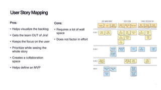 P30
Pros:
• Helps visualize the backlog
• Gets the team OUT of Jira!
• Keeps the focus on the user
• Prioritize while seeing the
whole story
• Creates a collaboration
space
• Helps define an MVP
Cons:
• Requires a lot of wall
space
• Does not factor in effort
User Story Mapping
 