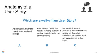 Anatomy of a
User Story
38
As a student, I want to
view trainer feedback
ratings.
As a trainer, I want my
feedback rating published,
so that new students can
choose wisely.
As a user, I want to
provide a trainer feedback
rating, so that other
students can benefit from
my experiences in the
class.
Which are a well-written User Story?
A B C
PMDay October 9, 2021
 