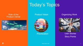 Product Vision
4
Organizing Work
Role of the
Product Owner
Today’s Topics
PMDay October 9, 2021
User Stories
Story Points
Prioritization
 