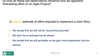 So how do these two observations influence how we approach
forecasting effort on an Agile Project?
61
A relative estimate of effort required to implement a User Story
1. We accept that we will not be “accounting accurate”
2. We don’t try to estimate too far ahead
3. We accept that we will get better as we gain more experience (anchor
stories)
PMDay October 9, 2021
 