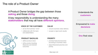 The role of a Product Owner
A Product Owner bridges the gap between those
asking and those doing
A key responsibility is understanding the many
stakeholders that may all have different opinions.
7
Understands the
customers
Empowered to make
decisions
One final voice
• act as the business “voice”
• collaborate with the team
and stakeholders
VOICE OF THE CUSTOMER
• ensure business value delivery
• accept or reject work results
VALUE
• define product vision
• refine product backlog
(features) and desired
outcomes
PRODUCT BACKLOG
• prioritize features/outcomes
according to business value
• adjust features/outcomes and
priority
PRIORITY
PMDay October 9, 2021
 