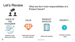 Let’s Review
77
What are the 4 main responsibilities of a
Product Owner?
Between those
asking and doing
VOICE OF
THE
CUSTOMER
VALUE
PRODUCT
BACKLOG
PRIORITY
Keep team focused
on value delivery
Refine the backlog
Prioritize to deliver
value
PMDay October 9, 2021
 