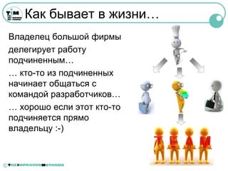 Как бывает в жизни…
    Владелец большой фирмы
    делегирует работу
    подчиненным…
    … кто-то из подчиненных
    начинает общаться с
    командой разработчиков…
    … хорошо если этот кто-то
    подчиняется прямо
    владельцу :-)



©
 