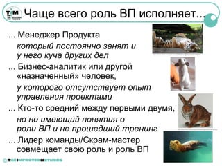 Чаще всего роль ВП исполняет...
    ... Менеджер Продукта
       который постоянно занят и
       у него куча других дел        http://www.flickr.com/photos/20999451@N08/3355190061/




    ... Бизнес-аналитик или другой




                                                                                      http://www.flickr.com/photos/theallamenta/4218935018/
       «назначенный» человек,
       у которого отсутствует опыт
       управления проектами
    ... Кто-то средний между первыми двумя,
       но не имеющий понятия о
       роли ВП и не прошедший тренинг                           http://www.flickr.com/photos/23949535@N08/2796749319




    ... Лидер команды/Скрам-мастер
       совмещает свою роль и роль ВП
©
 