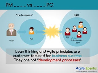 PM .. .. .. .. vs .. .. .. .. PO
The Product
Team
PO
User
PM
Lean thinking and Agile principles are
customer-focused for business success.
They are not “development processes”
Agile
“the business” R&D
 