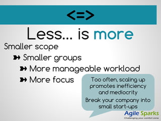 <=>
Less… is more
Smaller scope
➽ Smaller groups
➽ More manageable workload
➽ More focus Too often, scaling up
promotes inefficiency
and mediocrity
Break your company into
small start-ups
 