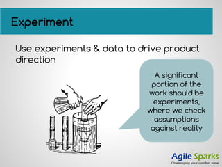 Experiment
Use experiments & data to drive product
direction
A significant
portion of the
work should be
experiments,
where we check
assumptions
against reality
 