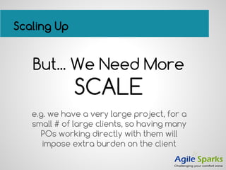 Scaling Up
But... We Need More
SCALE
e.g. we have a very large project, for a
small # of large clients, so having many
POs working directly with them will
impose extra burden on the client
 