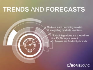 Marketers are becoming savvier
at integrating products into films
Script integrations are a key driver
for TV Show placement
Movies are funded by brands
TRENDS AND FORECASTS
 