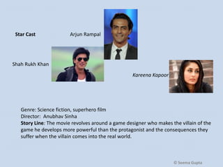Star Cast

Arjun Rampal

Shah Rukh Khan
Kareena Kapoor

Genre: Science fiction, superhero film
Director: Anubhav Sinha
Story Line: The movie revolves around a game designer who makes the villain of the
game he develops more powerful than the protagonist and the consequences they
suffer when the villain comes into the real world.

© Seema Gupta

 
