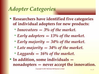Adopter Categories Researchers have identified five categories of individual adopters for new products: Innovators — 3% of the market. Early adopters — 13% of the market. Early majority — 34% of the market. Late majority — 34% of the market. Laggards — 16% of the market. In addition, some individuals — nonadopters — never accept the innovation. 