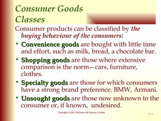 Consumer Goods  Classes Consumer products can be classified by  the buying behaviour of the consumers: Convenience goods  are bought with little time and effort, such as milk, bread, a chocolate bar. Shopping goods  are those where extensive comparison is the norm-- cars, furniture, clothes. Specialty goods  are those for which consumers have a strong brand preference. BMW, Armani. Unsought goods  are those now unknown to the consumer or, if known,  undesired. 