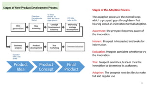 21
Stages of New Product Development Process
Product
Idea
Product
Concept
Final
Product
Objectives,
Competencies,
Market
To whom,
benefits, for
when, the nature
of the product
STP, MM,
sales, profits
Expected
sales, cost,
profits
Stages of the Adoption Process
The adoption process is the mental steps
which a prospect goes through from first
hearing about an innovation to final adoption.
Awareness: the prospect becomes aware of
the innovation
Interest: Prospect is interested and seeks for
information
Evaluation: Prospect considers whether to try
the innovation
Trial: Prospect examines, tests or tries the
innovation to determine its usefulness
Adoption: The prospect now decides to make
full and regular use
 