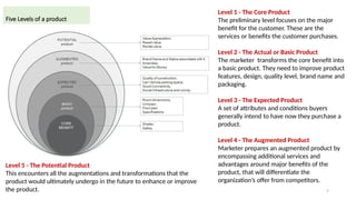 7
Five Levels of a product
Level 1 - The Core Product
The preliminary level focuses on the major
benefit for the customer. These are the
services or benefits the customer purchases.
Level 2 - The Actual or Basic Product
The marketer transforms the core benefit into
a basic product. They need to improve product
features, design, quality level, brand name and
packaging.
Level 3 - The Expected Product
A set of attributes and conditions buyers
generally intend to have now they purchase a
product.
Level 4 - The Augmented Product
Marketer prepares an augmented product by
encompassing additional services and
advantages around major benefits of the
product, that will differentiate the
organization’s offer from competitors.
Level 5 - The Potential Product
This encounters all the augmentations and transformations that the
product would ultimately undergo in the future to enhance or improve
the product.
 