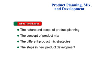 What You'll Learn
Product Planning, Mix,
and Development
The nature and scope of product planning
The concept of product mix
The different product mix strategies
The steps in new product development
 