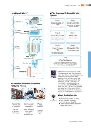 PRODUCT PORTFOLIO | 139




How Does It Work?                                                                                WFA’s Advanced 7-Stage Filtration
                                                                                                 System
                                                           Evaporator
                            Air Filter
                                                                                                          Stage 1                            Stage 2
    1. Cool the air.
                                                                                                  Electrostatic Air                   Sediment Filter
                                                                               Condensor                Filter                        Removes dirt, soil particles
                                                                                                                                         and sand sediment
                                                                                                  Removes airborne particles


     2. Collect
                         Water Tank
     the water.                   HIGH
                                                                                                          Stage 3                            Stage 4
               FLOATING CONTROL SENSOR
                                   LOW
                                                                                                 Pre-Carbon Filter                         Ultra Filter
                                                                                                 Removes chlorine, bad taste,             Removes bacteria
                                                                                                 odour, residuals, herbicides,
                                                                              UV                             etc.




                                                                                                          Stage 5                            Stage 6
                                 SEDIMENT




                                              PRE-CARBON




                                                               ULTRA FILTER




                                                                                   POST-CARBON




    3. Filter
    the water.                                                                                      Post-Carbon                       Ultraviolet Filter
                                                                                                       Filter                          Kills germs and bacteria
                                                                                                  Removes unnatural odour
                                                                                                  and restores natural taste


                             PUMP
                                                                                                                               Stage 7
                        FLOATING CONTROL SENSOR

                                                                                                                  WFA Bio Control
                      Cold Water Tank                                                                   Keeps water fresh and germ-free by preventing
                                                                                                      the build-up of bio-film just prior to water extraction.
                                                                                                       An air/ozone mixture is bubbled into stored filtered
                                                                                                             water automatically on a regular basis.
    4. Drink
    the water.

            Hot Water Tank                                                                                      WFA Water has been tested by SIRIM
                                                    WATER COLLECTING PLATE
                                                                                                                QAS International Sdn. Bhd. Sample of
                                                                                                                water after filtration was collected and has
                                            Water Out                                                           been tested for all elements in the
                                                                                                                Malaysian Food Act 1983 for Drinking
                                                                                                                Water. For details, please refer to Test
                                                                                                                Report No. 2011KL1278 dated 12th
WFA Units Can Be Installed in the                                                                               October 2011. WFA Equipment has
                                                                                                                also been tested by SIRIM QAS Interna-
Following Places:                                                                                               tional Sdn. Bhd. One WFA unit was sent
                                                                                                                and based on IEC Standards 60335.
                                                                                                                For details, please refer to Test Report
                                                                                                                No.2011EL0359 dated 12th August 2010.

                                                                                                                Water Quality Section
                                                                                                                	 •	 Water Quality certified by SIRIM
                                                                                                                	 •	 WFA is alkaline water with 		
                                                                                                                		 pH level approximately 7.9.
Residential             Commercial                                             Public                           	 •	 Tested and Validated by the Water 	
                                                                                                                		Quality Association
properties               properties                                           facilities
  Houses,              offices, shopping                                       Hospitals,
 apartments,             malls, hotels,                                        schools,
 dorms, etc.                 resorts,                                            etc.
                       restaurants, etc.



                                                                                                                                         * WFA is only available in Malaysia.
 