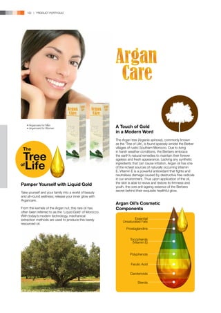 152 | PRODUCT PORTFOLIO




     • Argancare for Men
     • Argancare for Women                                A Touch of Gold
                                                          in a Modern Word
                                                          The Argan tree (Argania spinosa), commonly known
                                                          as the ‘Tree of Life’, is found sparsely amidst the Berber
 The                                                      villages of rustic Southern Morocco. Due to living


 Tree
                                                          in harsh weather conditions, the Berbers embrace
                                                          the earth’s natural remedies to maintain their forever


 Life
                                                          ageless and fresh appearance. Lacking any synthetic
of                                                        ingredients that can cause irritation, Argan oil has one
                                                          of the richest sources of naturally occurring Vitamin
                                                          E. Vitamin E is a powerful antioxidant that fights and
                                                          neutralises damage caused by destructive free radicals
                                                          in our environment. Thus upon application of the oil,
                                                          the skin is able to revive and restore its firmness and
Pamper Yourself with Liquid Gold                          youth, the core anti-ageing essence of the Berbers
                                                          secret behind their exquisite healthful glow.
Take yourself and your family into a world of beauty
and all-round wellness; release your inner glow with
Argancare.
                                                          Argan Oil’s Cosmetic
From the kernels of the Argan nut, this rare oil has      Components
often been referred to as the ‘Liquid Gold’ of Morocco.
With today’s modern technology, mechanical
extraction methods are used to produce this barely                    Essential
                                                               Unsaturated Fats
resourced oil.
                                                                 Prostaglandins


                                                                    Tocopherols
                                                                     (Vitamin E)


                                                                    Polyphenols


                                                                     Ferulic Acid

                                                                    Carotenoids

                                                                          Sterols
 